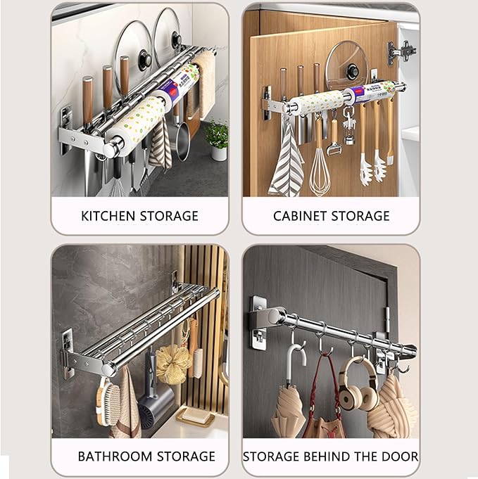 Hanging Wall Mount knife Wall Mount, Kitchen Organizer Storage Shelf for Utensils Spatula Spoon, Space-Saving Knife Rack with Hooks,Wall-Mounted Utensil Holder (Grey, 50CM+Single Pole+8Hooks)