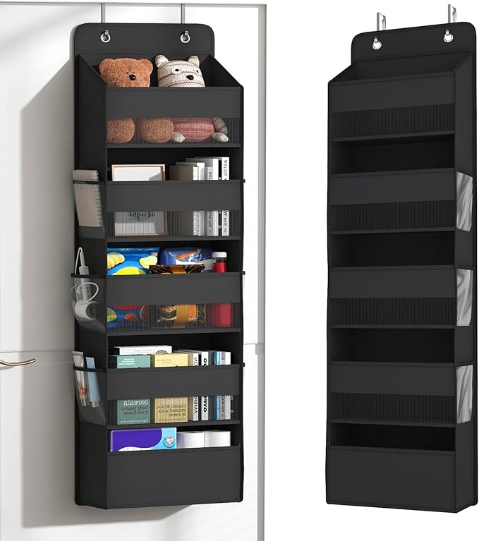 1 Pack 5-Tier Over the Door Organizer, Heavy-Duty Large Deep Pocket Hanging With 5 Large Front & 6 Side Pockets With for Pantry, Kitchen, Bathroom, Dorm, Black