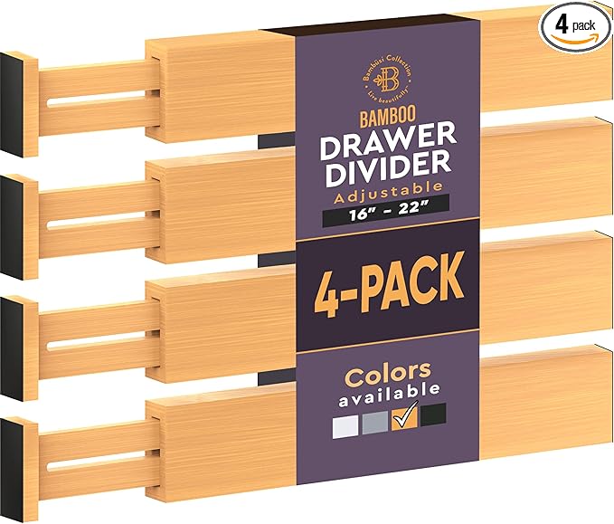 4 Pack Bamboo Drawer Dividers - 2.6 in High, Adjustable 16 to 22 in Expandable Drawer Organizers and Dresser Separators for Clothes, Bedroom, Bathroom, Kitchen, and Office Organization and Storage