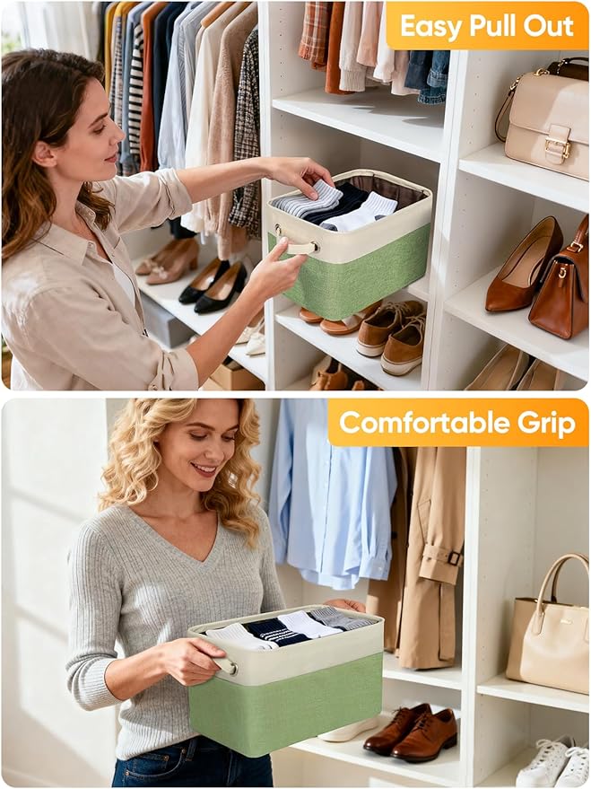 BALEINE 3 Pack Fabric Storage Bins for Shelves, Linen Storage Baskets for Organizing, Decorative Closet Bins for Clothes, Home (Green, 12"x8"x8")