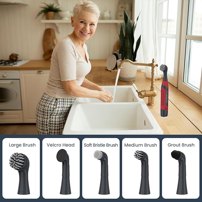 LifeBasis Cordless Electric Cleaning Brush, Mini Power Scrubber for Cleaning Waterproof Grout with 5 Brush Heads for Bathroom Kitchen Tile Crevice Corner - Red (Batteries Included)