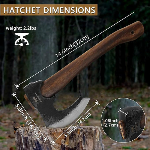 14.6" Hatchet, Camping Hatchet with Leather Sheath, Bushcraft Axe with 1065 Carbon Steel & Beech Handle, Survival Axe for Wood Splitting and Chopping - Perfect for Gardening and Outdoor