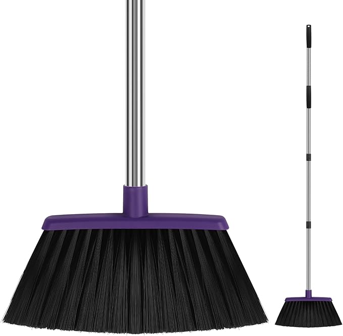 Heavy Duty Angle Broom, 55-Inch Long Handle Extra Wide 12.6 Inch Head, Stainless Steel Tube & PP Bristles for Pet Hair and Dust, Floor Safe - Purple