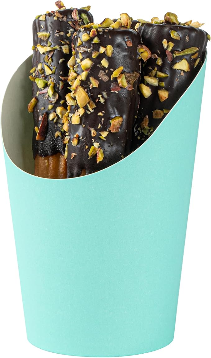Restaurantware Bio Tek 12 Ounce French Fry Containers, 100 Disposable Charcuterie Cups - Incline Design, Round, Turquoise Paper French Fry Cups, Stackable, For Waffles, Chips, or Popcorn