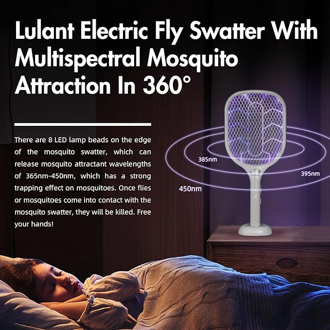 Lulant Electric Fly Swatter Racket,3000V Bug Zapper Racket,1800mA Battery Rechargeable Mosquito Killer, Type-C Rechargeable Base, Three-Layer Protective Safety Mesh for Indoor and Outdoor (2Pack)