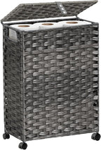 Hiagnete Toilet Paper Storage Basket with Lid and Wheels, Rattan Toilet Paper Holder Storage, Toilet Paper Organizer for Bathroom, Bedroom, Kitchen, 12.6”L x 7.1”W x 17.14”H, Grey