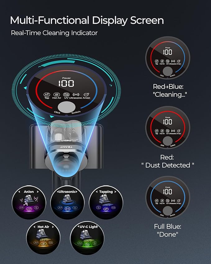 Powerful Mattress Bed Vacuum Cleaner, 2-Speed (14kPa/18kPa) Mattress Vacuum with Green Light Dust Detection, 253.7nm UV-C Light, LED Display, HEPA Filter, 149℉ Heat, Aroma for Bed Couch Carpet