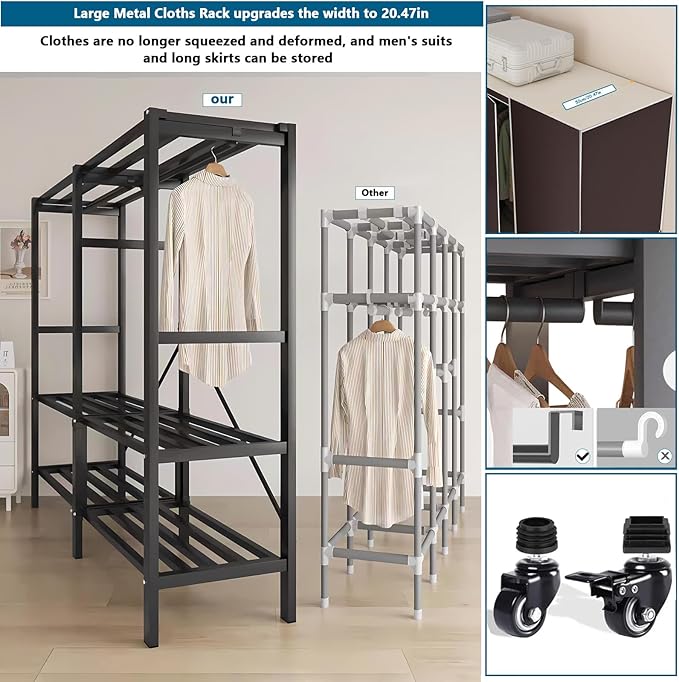 Heavy Duty Covered Clothes Rack with Magnetic Door Foldable Portable Wardrobe Closet for Hanging Clothing Rolling Black Metal Garment Rack on Wheels Closet System (Brown, 74.7in)