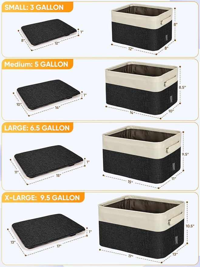 BALEINE 2 Pack Fabric Storage Bins for Shelves, Linen Storage Baskets for Organizing, Decorative Closet Bins for Clothes, Home (Black, 17''x13''x10.5'')