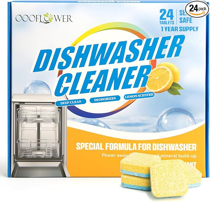 24-count Dishwasher Cleaner Tablets, Deep Cleaning and Descaling Formula, Removes Odors, Scale, and Hard Water Residue, Maintains Dishwashers, Septic Tank Safe (Lemon Scent)