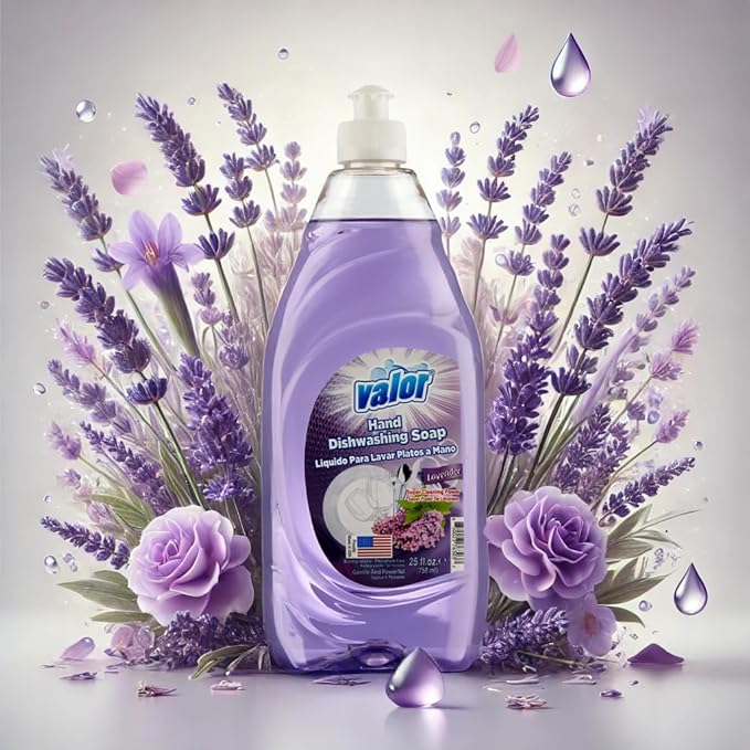 Valor Dishwashing Liquid, 25 fl oz – Dish Soap for Kitchen & Bathroom, Grease-Fighting, Gentle on Hands, Fast Rinse, Eco-Friendly Biodegradable Formula (25 fl oz (Pack of 1), Lavender)