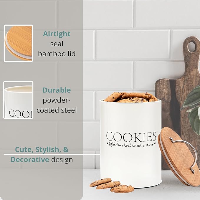 D'Lifeful Cookie Jar with Airtight Bamboo Lid – 1.1 Gallon Cute and Decorative Cookie Storage for Kitchen Countertop – Farmhouse Storage Tin for Freshness – Great Gift Idea (Off White)
