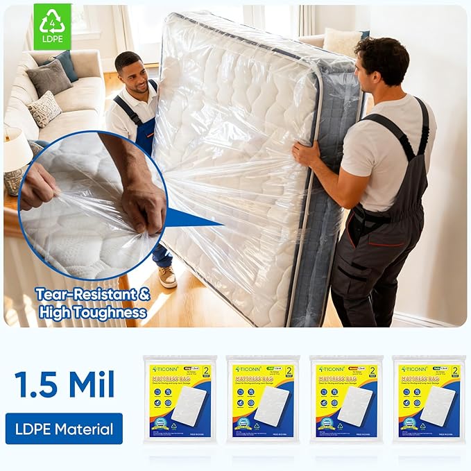 TICONN 2PK Plastic Mattress Bag for Moving Storage, Waterproof Mattress Protector Cover, Heavy-Duty Mattress Moving Supplies (1.5 mil, Twin)