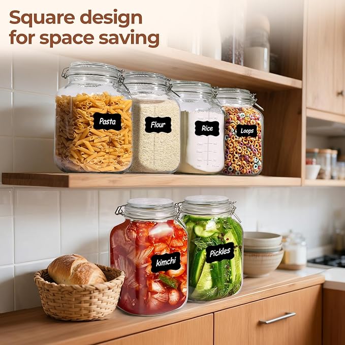 ComSaf 1 Gallon Square Glass Jars with Airtight Lids (135oz, Set of 2), Extra-Wide Mouth Canisters with Measurement Marks for Bulk Flour Storage, Fermenting Kombucha & Pickling