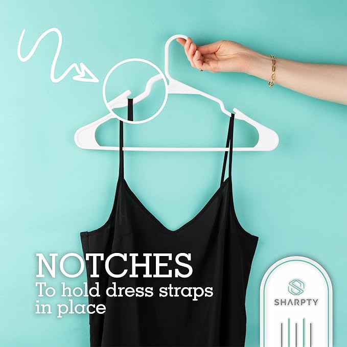 Sharpty Plastic Hangers Clothes Hangers for Clothing, Closet, Coats & Shirts - Notched, Durable, Space Saving - for Everyday Standard Use, Room Essentials & Basics - 50 Pack - White