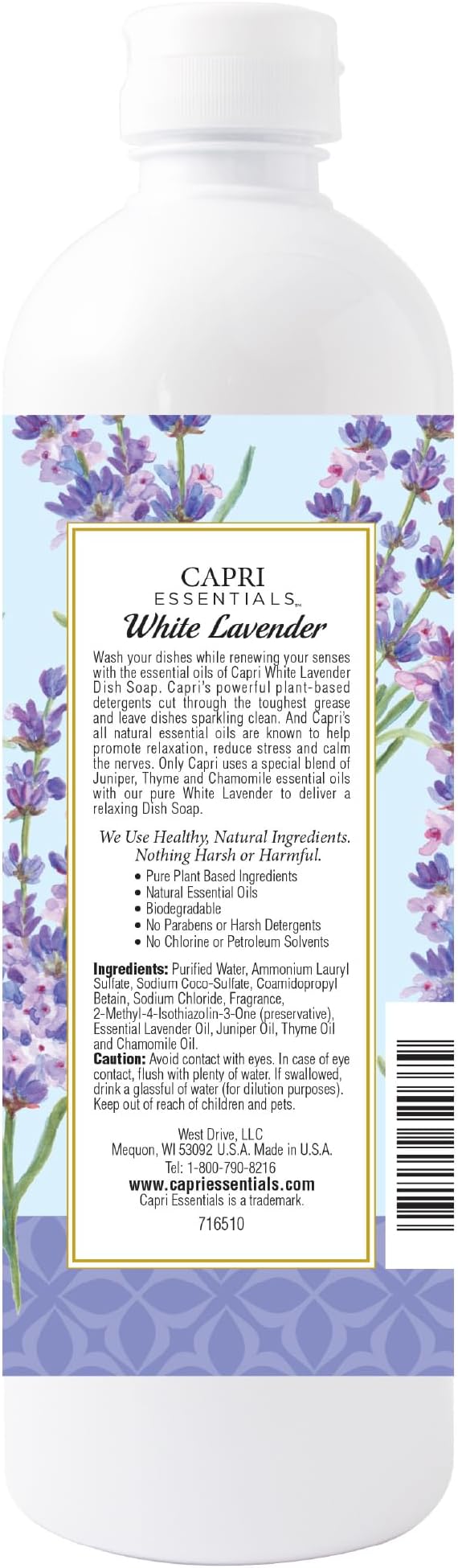 CAPRI ESSENTIALS Dish Soap Liquid, Natural Household Cleaning Supplies, Plant Based Aromatic Dish Detergent, Blend of Essential Oils with Juniper & Chamomile, White Lavender, 16 FL Oz
