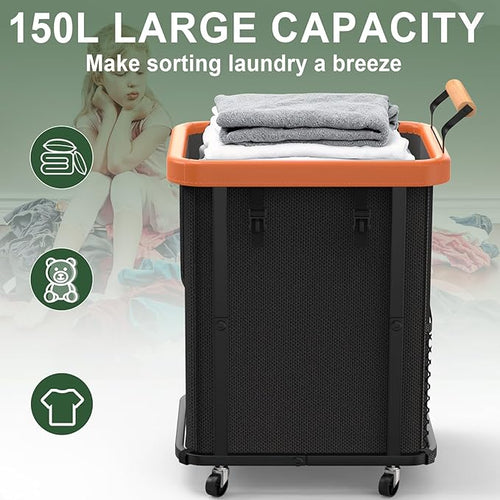 150L (40 Gal) Extra Large Fashion Laundry Basket with Wheels, Rolling Basket Hamper with Handle, Organizer Storage Cart with Sturdy Metal Frame for Laundry Room - Black