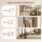 Clothes Rack, Double Rods Rolling Clothing Rack for Hanging Clothes Load 260 LBS Closet Rack with Wheels, Metal Portable Garment Rack for Bedroom Laundry Living Room, Black