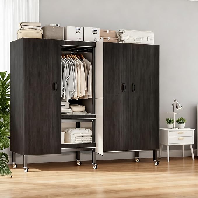 Foldable Portable Armoire Wardrobe Closet for Hanging Clothes Rack, Heavy Duty Covered Clothes Rack with Cover(HARDBOARD Magnetic), Closet Garment Rack for Bedroom Storage (KT Black, 74.8in)