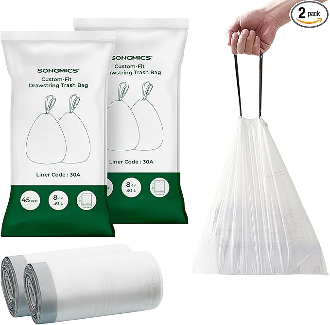 SONGMICS Trash Bags for 8-Gallon (30 L) Trash Cans, Drawstring Kitchen Garbage Bags, Pre-Separated, Liner Code 30A, 2 Rolls, 90 Count, White UKRB30A02