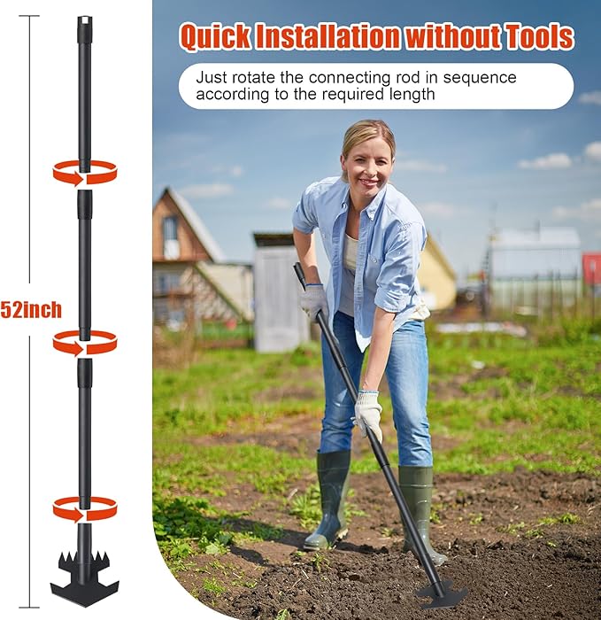 Hoe Garden Tool, Weeding Hoe Cultivator Long Handle 52", Heavy Duty Steel Scuffle Hoe for Lawn Yard Garden, Adjustable Rocket Shaped Weed Remover with Sharp Blade