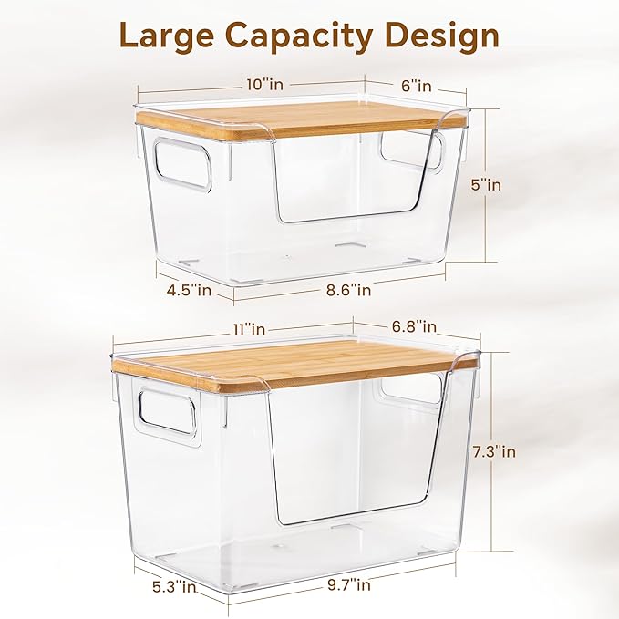 Criusia 2 Large and 2 Small Pantry Organizers and Storage with Bamboo Lids, Stackable Clear Bins for Onion, Potato, Fruit, Vegetables, Trash Bag Dispenser, Kitchen and Under Sink Organizer