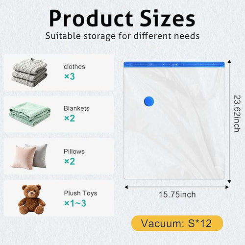 12 Pack Small Travel Vacuum Storage Bags, Portable Vacuum Seal Bags for Clothing Travel with Pump, Space Saver Bag for Luggage Suitcases Clothes Bedding Seasonal Storage