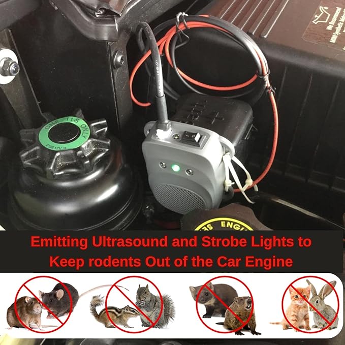 Under Hood Rodent Repellent for Car Engine with Strobe Lights Ultrasonic Mouse Repellent Mice Deterrent Rat Repeller Squirrel Repeller RV Protection for 12V 24V Car Battery 2 Pack