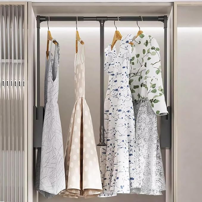 Pull Down Closet Rod for Hanging Clothes, Retractable Wardrobe Hanger for Cabinet Inside Width 26"~35", Aluminium alloy Tubing with Plastic Housing, 44 lb Weight Rating