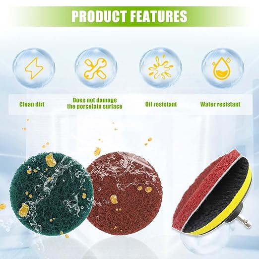 4 Inch Scrub Drill Brush Power Scouring Pads Household Cleaning Set for Kitchen Bathroom 4 Red Pads 4 Green Pads 1 Drill Attachment and 1 Universal Shaft