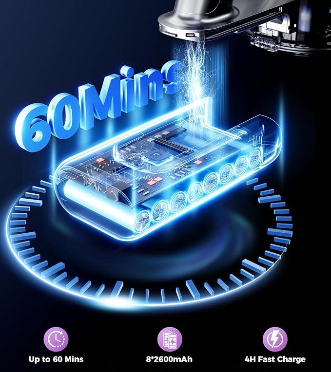 Cordless Vacuum Cleaner, 500W 40Kpa 60Mins Vacuum Cleaners for Home, Anti-tangle Stick Vacuum with Self-Standing, Wall Mount Charging, LDE Display, Wireless Vacuum for Carpet Pet Hair Hardfloor, Blue