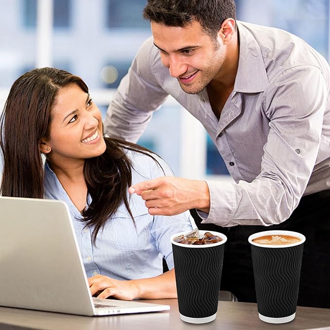 Lamosi Disposable Coffee Cups 16 OZ 90 Pack, Paper Coffee Cups 16 OZ for Hot Drinks or Cold Beverages, Insulated Corrugated Ripple Wall Cup No Lids for Office, Cafe, Home or Travel (Black)
