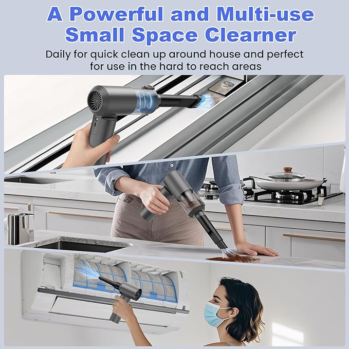 Car Vacuum Portable Cordless with 16000PA Ultra Suction 4-in-1 Foldable Air Duster & Brushless Motor Rechargeable Handheld Vacuum for Pet Hair, Car Seats, Home & Office Cleaning