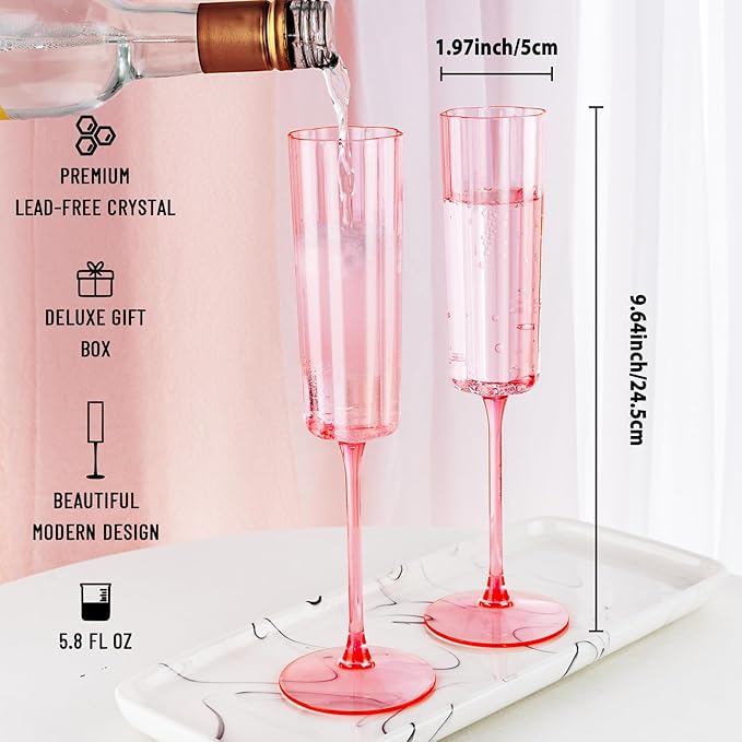 Ciaell 24 Pack Pink Plastic Champagne Flutes - 6 Oz Flower Wavy Champagne Glasses - Heavy Duty Vintage Disposable Glassware for Party & Anniversary & Wedding
