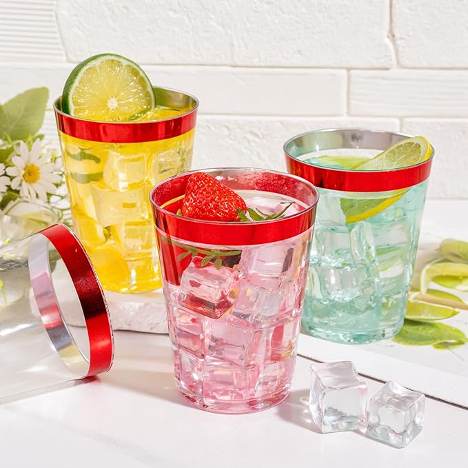 DaYammi 100 Pack Red Plastic Cups 10 Oz Clear Red Rimmed Plastic Cups for Party Fancy Disposable Cup for Wedding Disposable Glasses Clear Tumblers with Rim for Christmas Elegant Wine Cocktail Cup