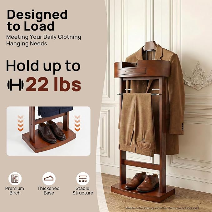 TFCFL Wooden Suit Rack with Drawer & Trouser Holder, Multi-functional Coat Stand for Hats/Scarves/Belts, Space-Saving Standing Suit Valet Stand for Home/Office, 22lbs Load Capacity (Brown)