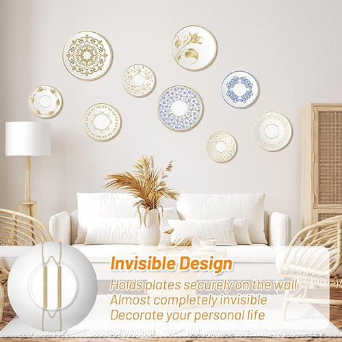 14 Pcs Invisible Plate Hangers for The Wall - 4/6/8/10 Inch Stainless Steel Decorative Plate Holers for Display, Artwork & Home Decor (Includes 14 Wall Hooks & 56 Tip Protectors & Guide)