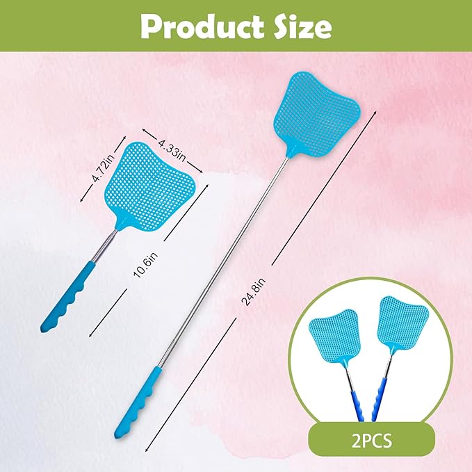 Fly Swatter Heavy Duty Set, with Durable Telescopic Stainless Steel Extendable Handles, for Home, Classroom, Indoor Outdoor Office, 2Pcs, Blue