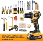 Brushless Motor Tool Kit Set: Yellow 21V Cordless Drill, Power Drill Tool Box,3/8" Keyless Chuck, 2 Variable Speeds, with Battery and Charger Included