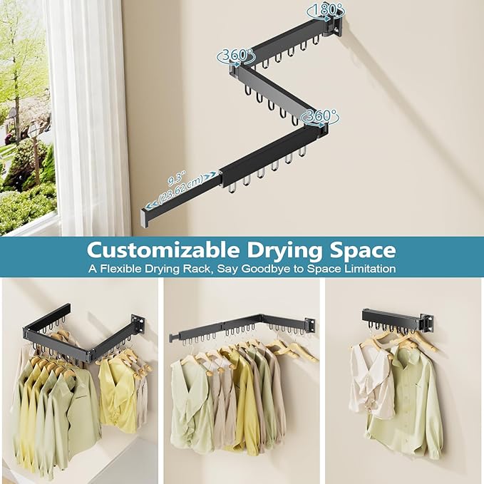 JAUREE Clothes Drying Rack Wall Mounted, Space-Saving Drying Rack Clothing, Collapsible Foldable Retractable Laundry Rack with 18 Hooks, Indoor/Outdoor, Black