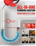 20V Cordless Electric Drain Snake, 25Ft Replaceable Cable with 2.0Ah Battery & Fast Charger, Storage Bag & Gloves, Snake Drain Hair Removal Tool with LED Light for Sink&Sewer 3/4"-2" Pipe