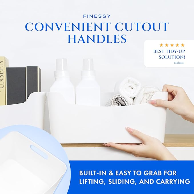 FINESSY White Plastic Storage Bins for Shelves, Small Closet Kitchen Storage Containers for Pantry Bathroom Office Organization Baskets, Cabinet Organizing Containers, White Organizer Bins for Shelves