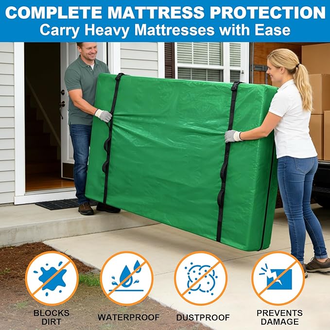 TICONN Mattress Bags for Moving, Heavy Duty Twin Mattress Cover Storage Bag with Full-Around Handle and Adjustable Buckles (Green, Twin)