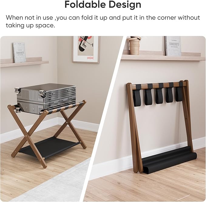 Smuxee Walnut Bamboo Luggage Rack for Guest Room, Foldable Suitcase Stand with Storage Shelf, Easily Assembled Luggage Stand with 5 Nylon Straps for Guest Room Bedroom Hotel