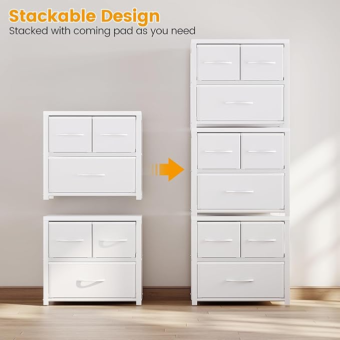Homeiju Stackable 3-Drawer Fabric Dresser with Waterproof Wood Top – Closet Drawers & Storage Drawers for Bedroom, Modern Metal Frame Design (2 Tier-1 Pack)