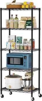 Golpart 5 Tier Shelves Storage Shelf Wire Closet Bathroom Organizers Metal Pantry Kitchen Garage Shelving Unit Laundry Room Organization Home Rack Net Basket Black with Wheels 14”D X 24”W X 61”H