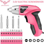 Pink Cordless Electric Screwdriver, 3.6V Rechargeable Small Electric Drill with 24pcs Driver Bit Set, Power 3.5Nm Screw Gun with LED Light for Women