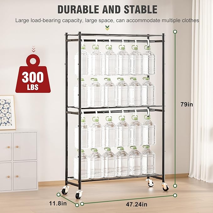 Neatrays Rolling Clothes Rack for Hanging Clothes, 47.2"x 11.8"x 79" Large Capacity Garment Rack with Double Rods & 3 Wire Shelves, Portable Closet with Wheels for Bedroom, Laundry, Balcony (Black)
