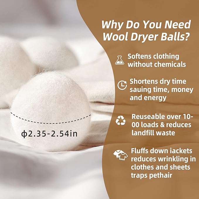 Wool Dryer Balls XL 6-Pack, Dryer Balls Laundry Reusable Reduce Clothing Wrinkles, Drying Clothes Faster