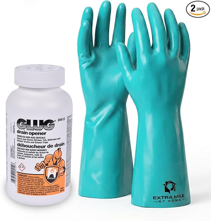 Glug Drain Opener Bundle with Glug Crystals Cleaner and Long Protective Gloves - 2 Items - Sink & Shower Drain Clog Remover, Compatible with Most Home Plumbing, Easy DIY Use